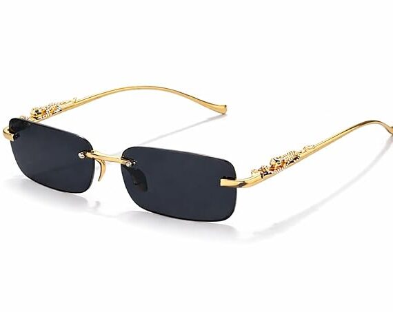 Jaguar Rimless Rectangle Retro Luxury Sunglasses for Men & Women Unisex | Golden Black Metal Frame | Heavyweight Design | UV400 Protection