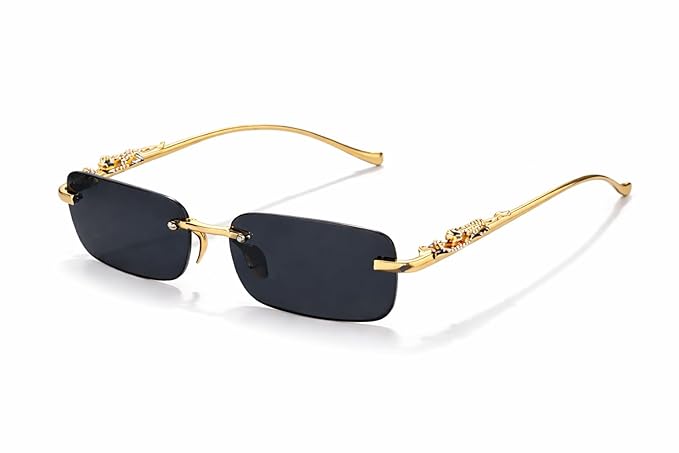 Jaguar Rimless Rectangle Retro Luxury Sunglasses for Men & Women Unisex | Golden Black Metal Frame | Heavyweight Design | UV400 Protection